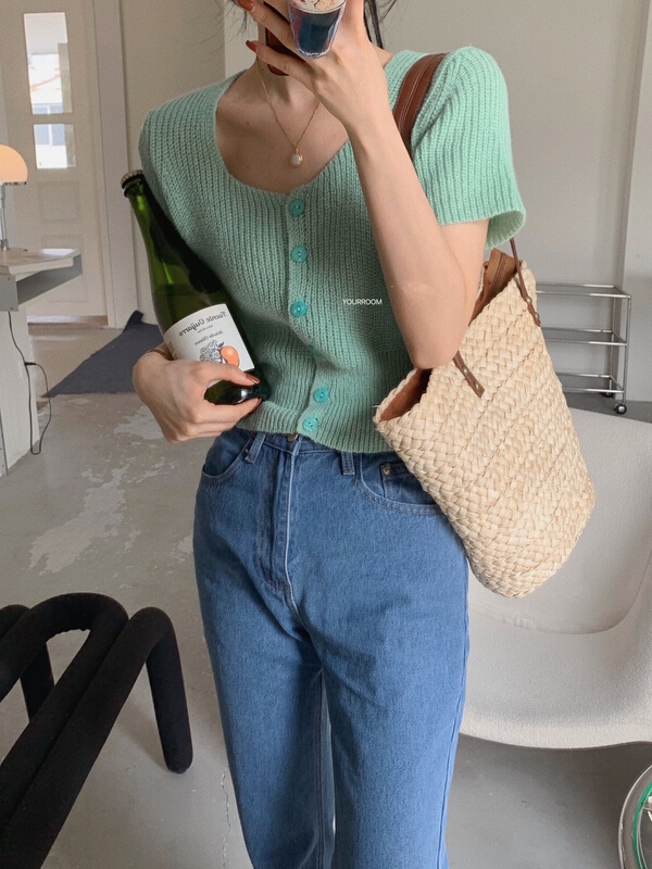 [your room] Korean pure color short sleeved knitted cardigan 208# cqw