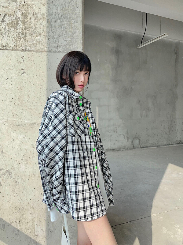 [Nancy] Plaid letter Pocket Shirt 8896# WPL