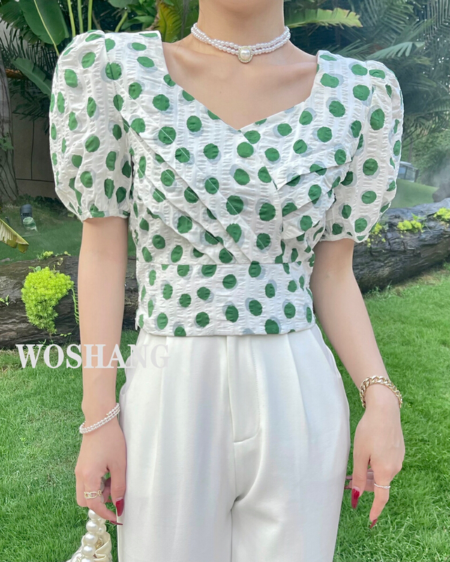 [woshang woshang] French tie rope wave point women's summer French retro blouse 322-1# XYJ