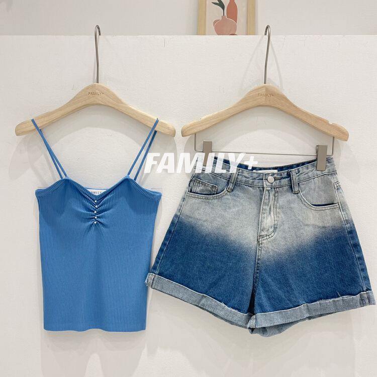 [family +] pure beaded ice silk suspender Vest + hanging dyed denim shorts set 2720# ozq