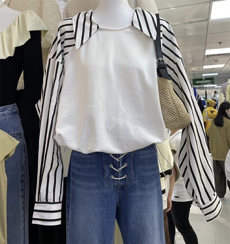 New year in early spring! [dream fly] contrast stripe hem drawstring blouse 61129# XJ