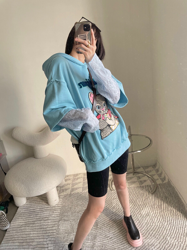 [Nancy] cat fake two piece hooded long sleeve T-shirt q8732# WPL