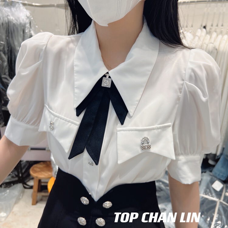 [top Chan Lin] thin bubble sleeve shirt (with Brooch) 95103-1\cqw