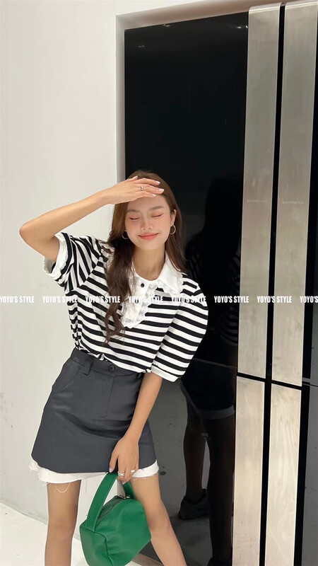 [yoyo's] lace Polo Neck Lace stripe blouse 8515# XYY