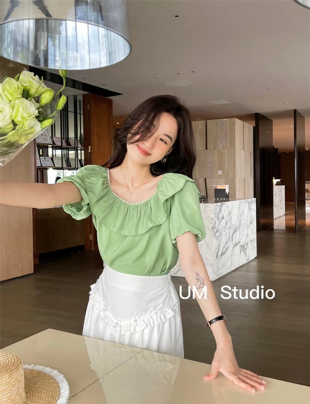 【UM微米】韓版淑女荷葉邊小衫  88309#  HJY