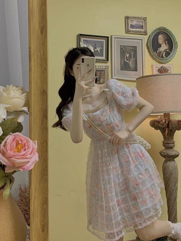 New in early summer! [come and see] high waist sweet floral bubble sleeve dress 0741# JJ