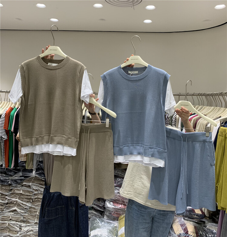 [benwo] Korean versatile fake two-piece T-shirt + loose LACE UP SHORTS SET 06105# CLS