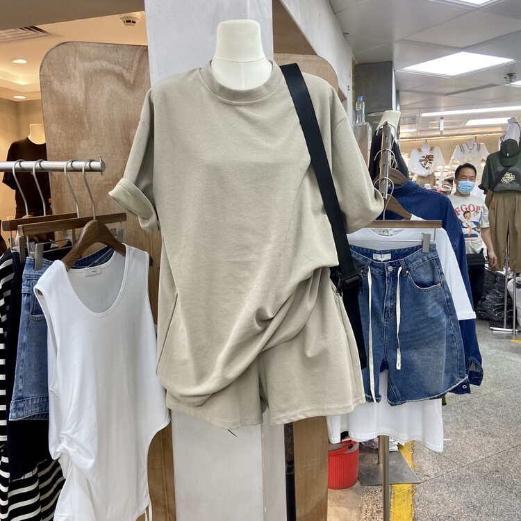 [g.gray] simple loose short sleeve T-shirt + versatile casual Shorts Set 407# L
