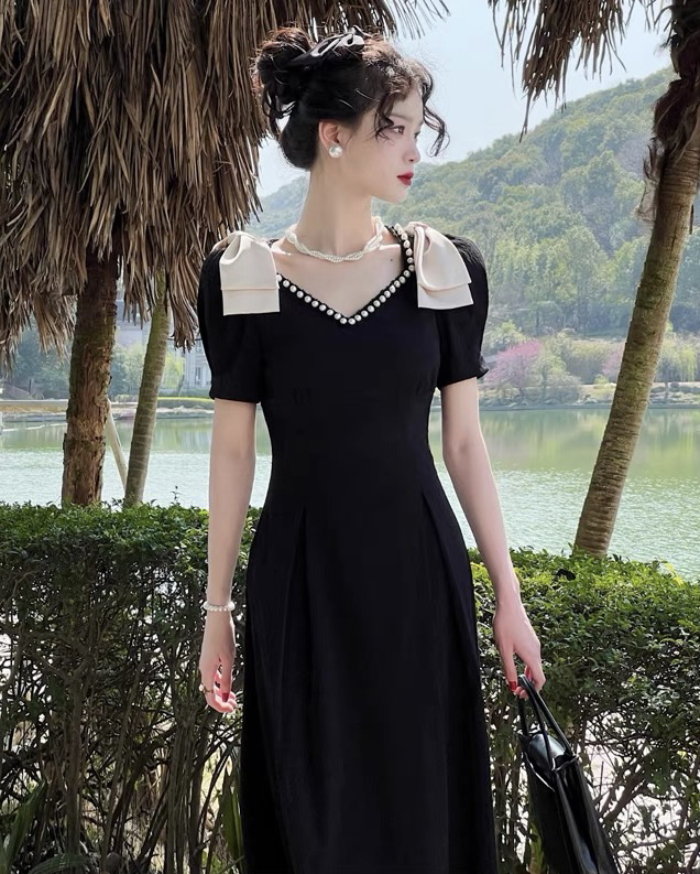 New in early summer! [Yingying new clothes] French retro gentle dress (with detachable bow) 7138# Cl