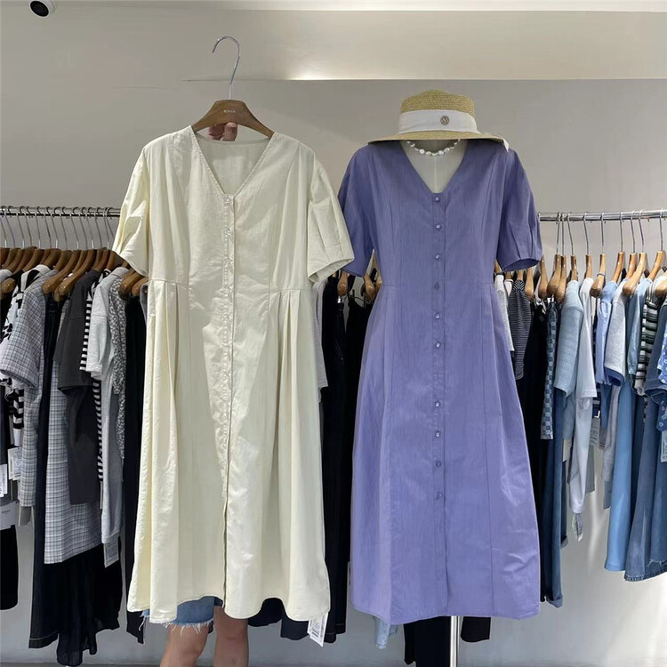 [Boran · Boran] V-neck single breasted simple dress (excluding necklace) ys1-22b7376# LSW