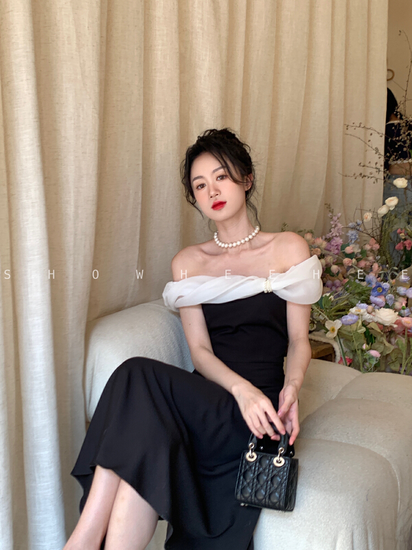 [xiuxixi] fashion color blocking medium length one shoulder dress (with pearl chain) 8108# zxx