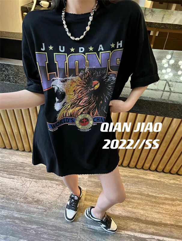 [QIANJIAO] design sense retro foreign style short sleeve T-shirt (excluding necklace) ys1-6875# PCZ