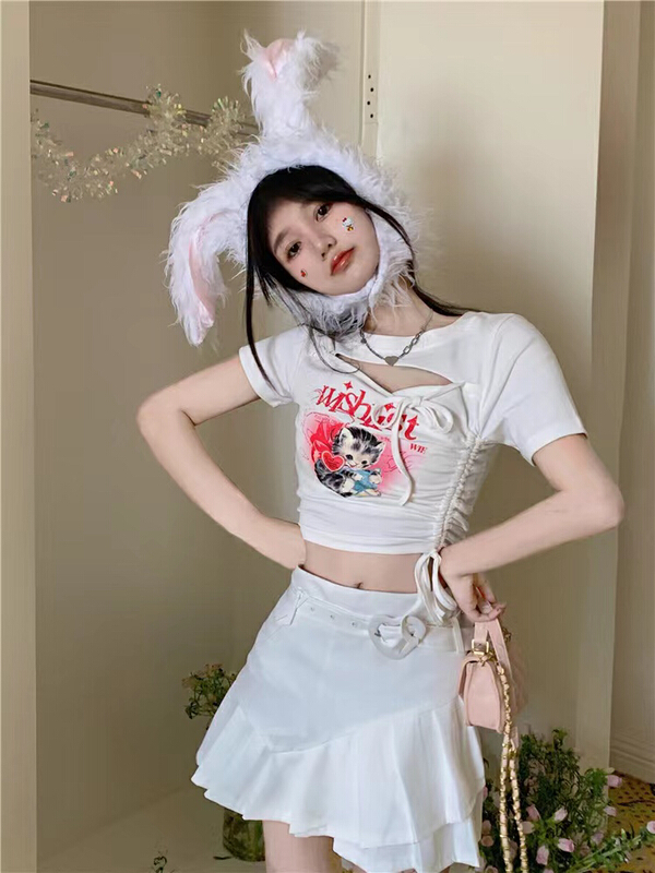[Baobao] simple cat print short sleeved T-shirt 5785# ozq
