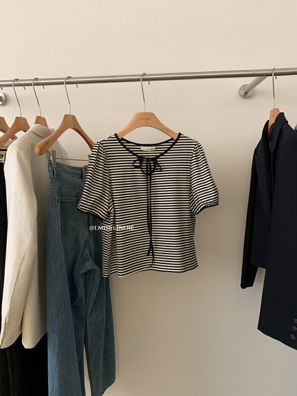 New in early summer! [Imiss] bubble sleeve stripe lace up short sleeve T-shirt cx3313# LSW