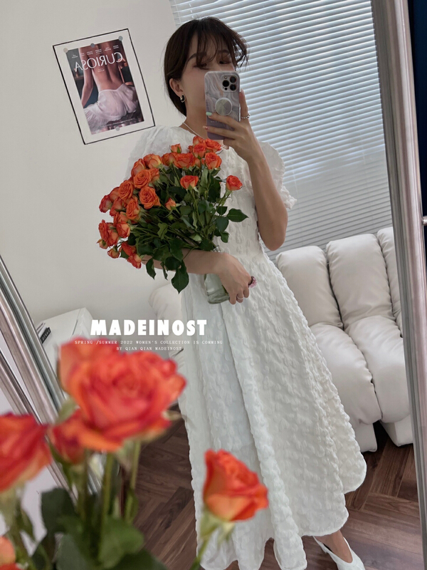 New in early summer! [OSHA madeinost] French bubble sleeve three-dimensional jacquard love dress 86228# ll