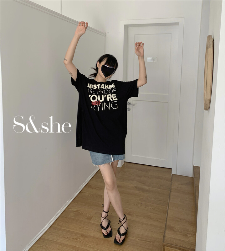 [she] loose letter medium long short sleeve T-shirt 1208a# XJ