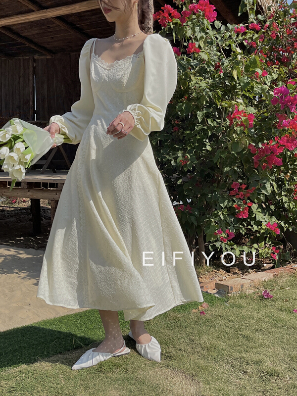 【EI FI YOU】法式純色刺繡花仙女連衣裙+溫柔風短外套套裝(配小外套)  1917#  LSL