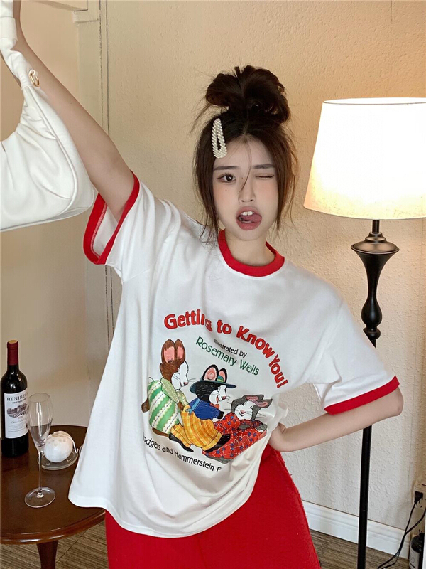 [YT] three rabbits print contrast color bonded short sleeve T-shirt t51312# PCZ