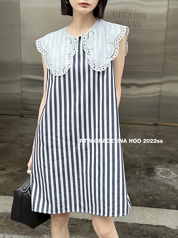 [gracetina Hoo] design sense embroidered collar stripe dress ly842# zxl