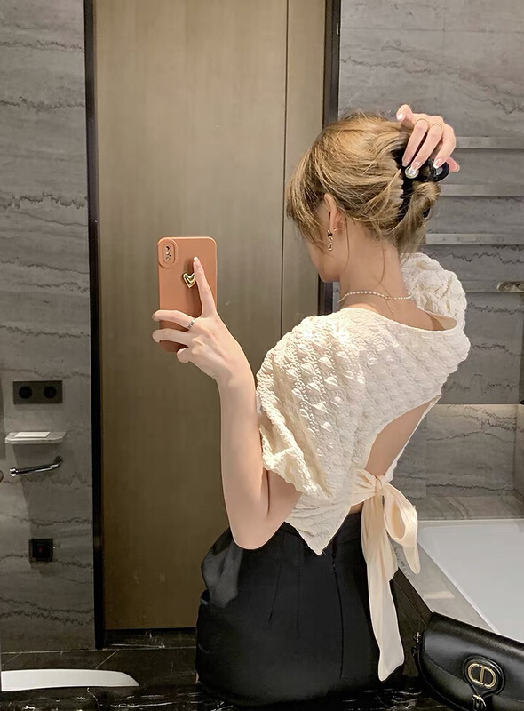 [RM. HH] gentle square neck bubble sleeve backless design blouse 257# ozq