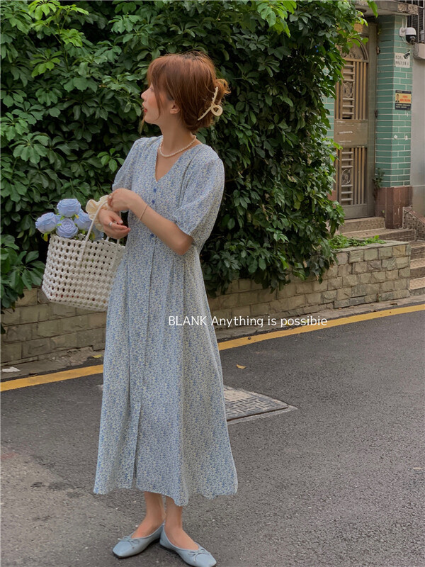 [blank] V-neck floral breasted waist slim dress 512393# WPL