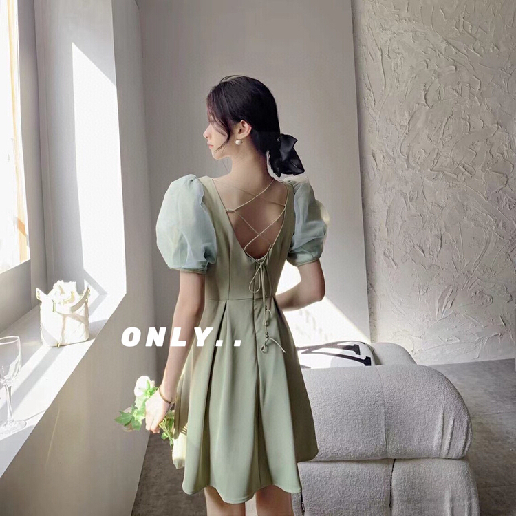 [only] backless bandage small sexy square neck bubble sleeve dress (with waist rope) 8305# JJ