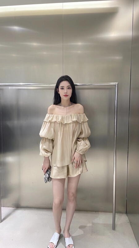 [DS] Korean style lotus leaf collar Bubble Sleeve Chiffon shirt + simple and versatile casual Shorts Set 22118d# XYJ