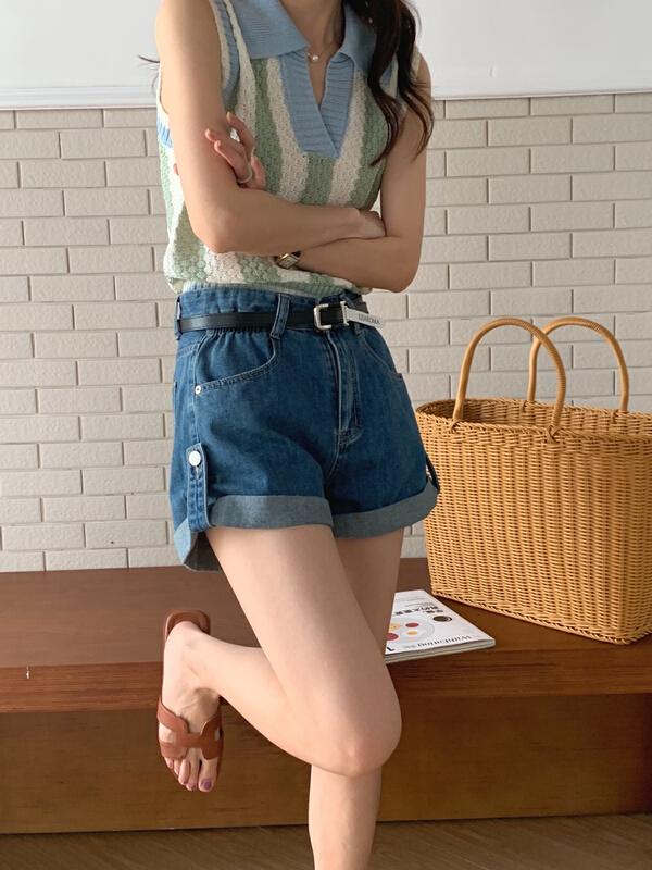 [meet me] thin hem loose denim shorts (with belt) 61262# ll