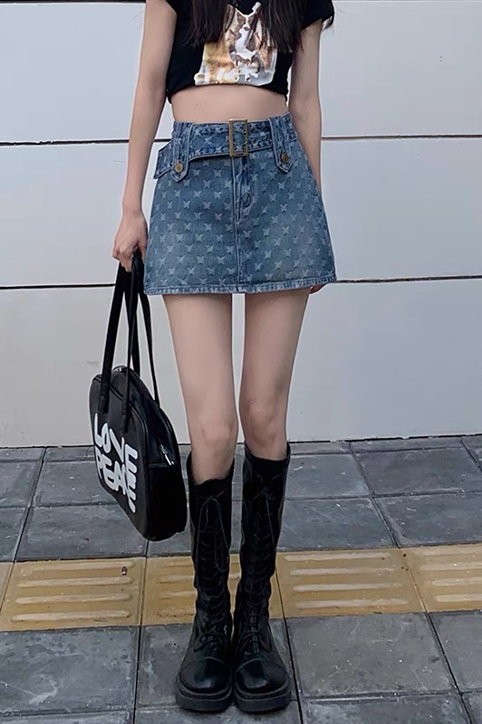 [pepper] retro Spice Girl versatile elastic jacquard denim shorts (with belt) 2033# ozq