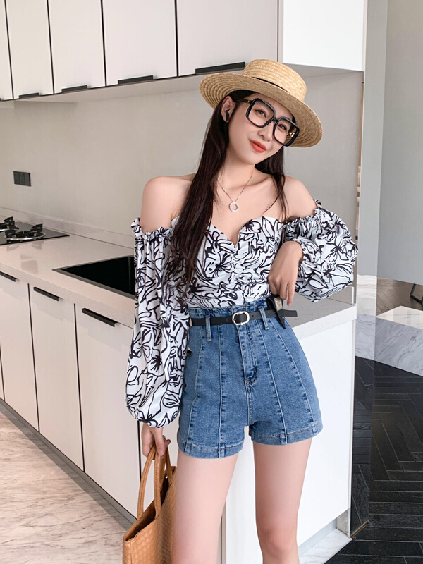 [CHD] simple slim elastic denim shorts (with belt) 38057# CLS