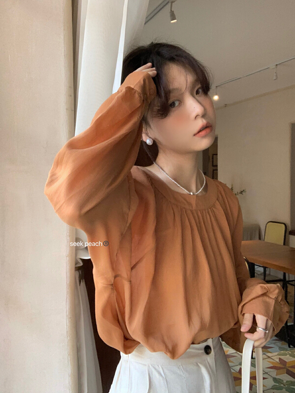 New in early summer! [seek peach] crew neck simple temperament retro versatile long sleeved sunscreen shirt 5150# ll