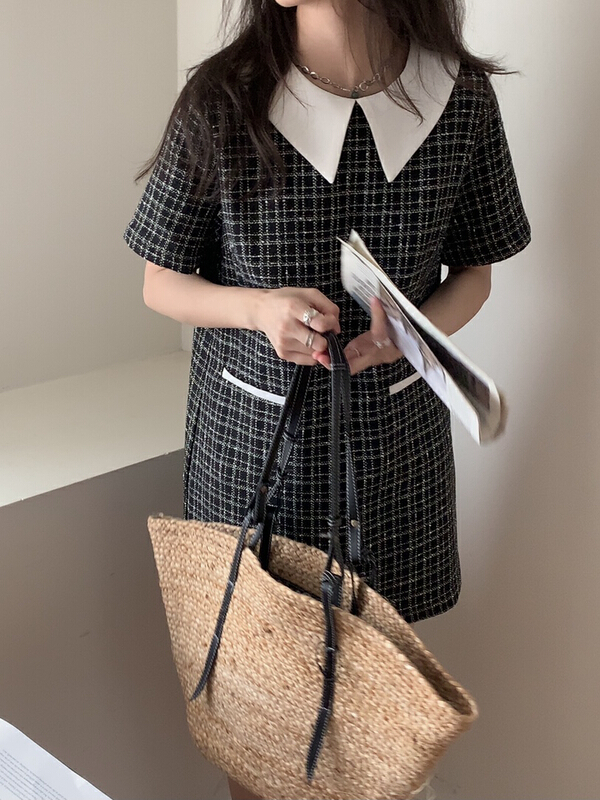 [Gabrielle] contrast color neckline Xiaoxiang dress b2285# zxl