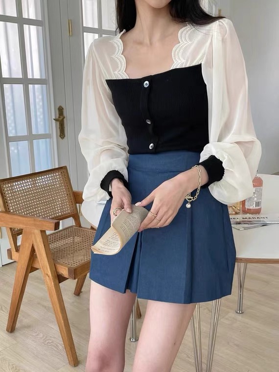 goods in stock! [thanku] Korean version stitched sleeve slim fit short sweater 075# ZSY