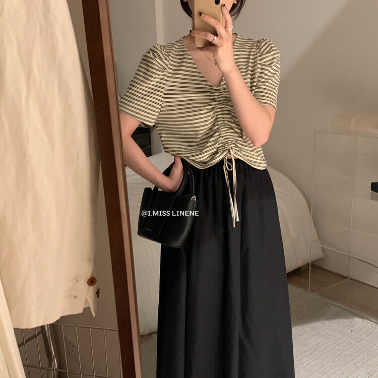 [Imiss] Korean casual V-neck drawstring stripe short sleeve T-shirt cx9135# LSW