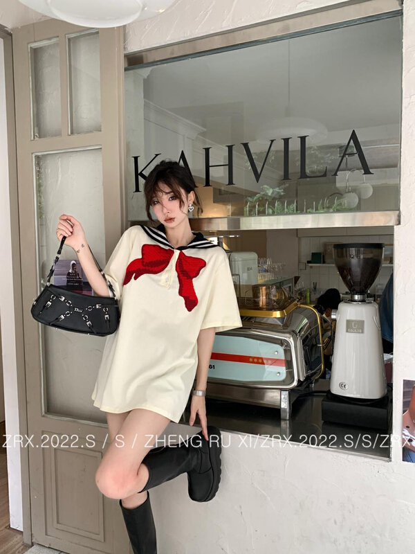 [zhengruxi] bow tie color matching fashion short sleeve T-shirt 11700# WTT