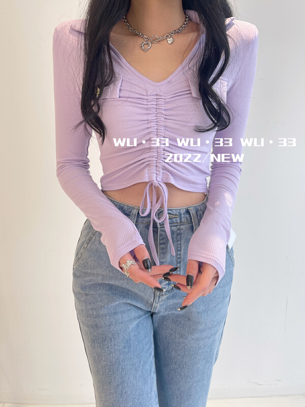 早春上新！【WU.33】設計感單抽繩緊身假口袋打底衫  2217#  WTT