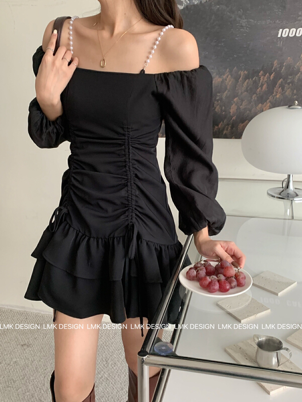 New year in early spring! [LMK] pearl chain one shoulder drawstring dress (with pearl chain) 2166# hjy
