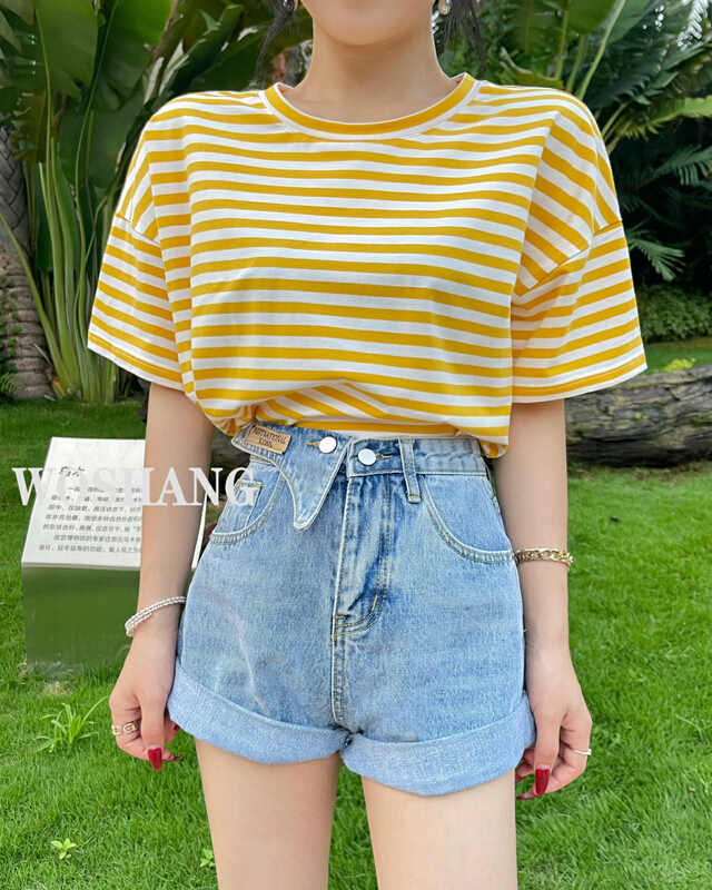 [woshang] crew neck loose stripe short sleeve T-shirt 8143# XYJ
