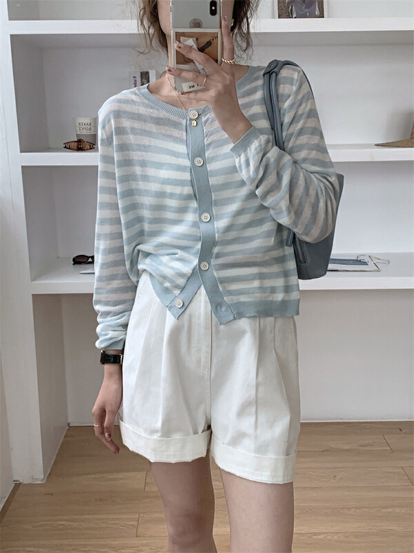 New year in early spring! [about me] crew neck versatile stripe knit cardigan 229031# cqw