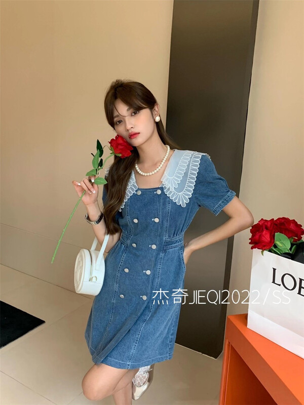 [Jieqi] Korean large lapel denim double breasted dress 88586# zxx