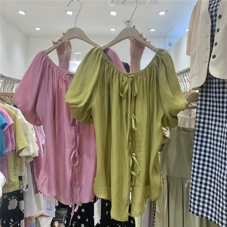 New in early summer! [hi] French bandage buckle style bubble sleeve blouse 5200# hjy