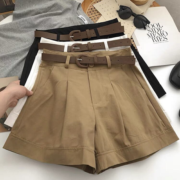 Casual [Gangan] high waist solid color A-line versatile slim casual shorts (with belt) 1107# Cl