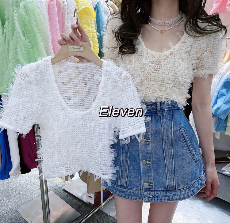 New in early summer! [eleven] Korean round neck mesh stitched hollow out blouse 2509# PCZ