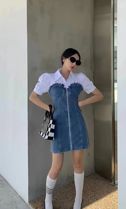 [top] Korean stitched denim bubble sleeve shirt dress ys1-a360# ZSY