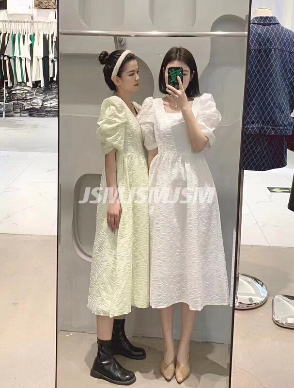 New in early summer! [JSM] French square neck bubble sleeve dress 6601# LSL