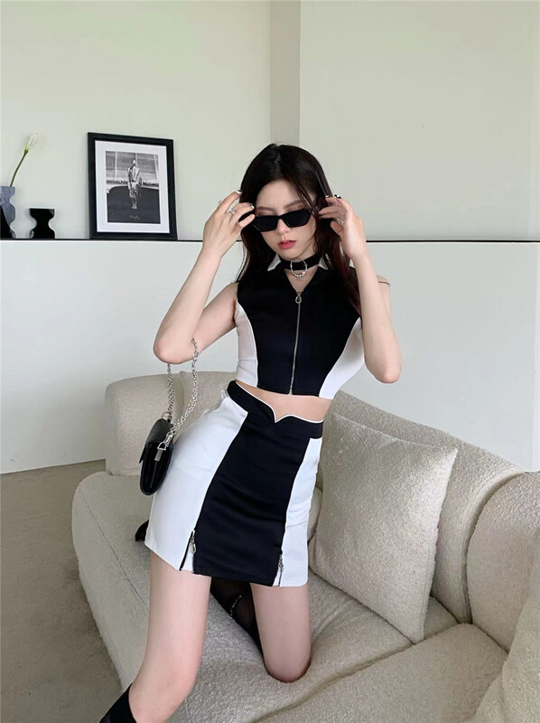 goods in stock! New in early summer! [rich man] temperament zipper Vest + simple short skirt suit 1084-1# PCZ