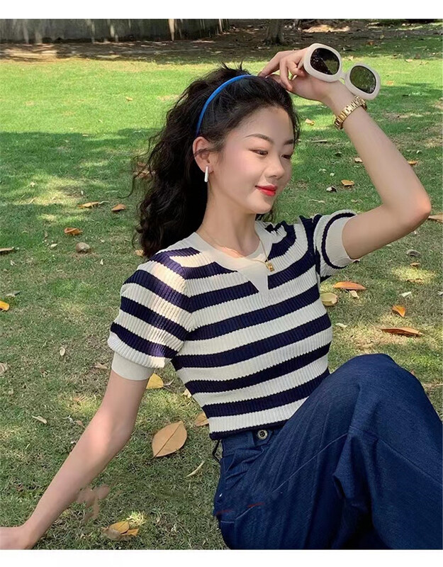New in early summer! [six plus] simple Japanese striped fashionable Knitted Blouse 89769# CLS