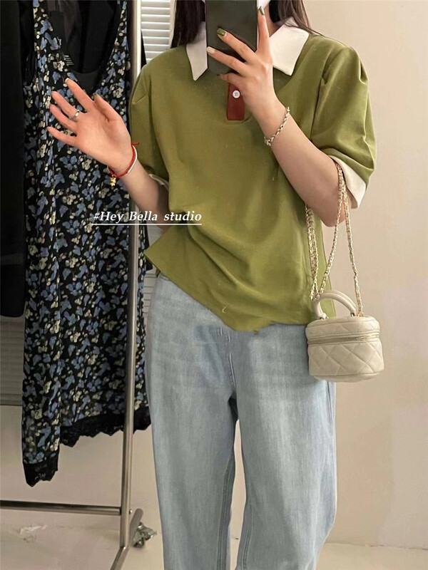 [hey Bella] Korean color blocking Pullover polo shirt 2878# ll