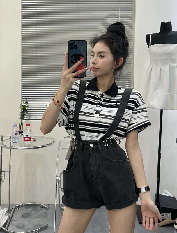 [y.jia Yijia] stripe versatile small shirt + age reducing suspender pants two-piece suit 5656# PCZ