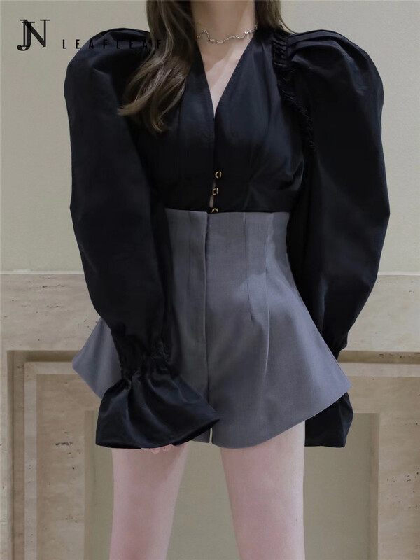 [Linna] Korean V-neck waist closing temperament shirt 82729# zxx